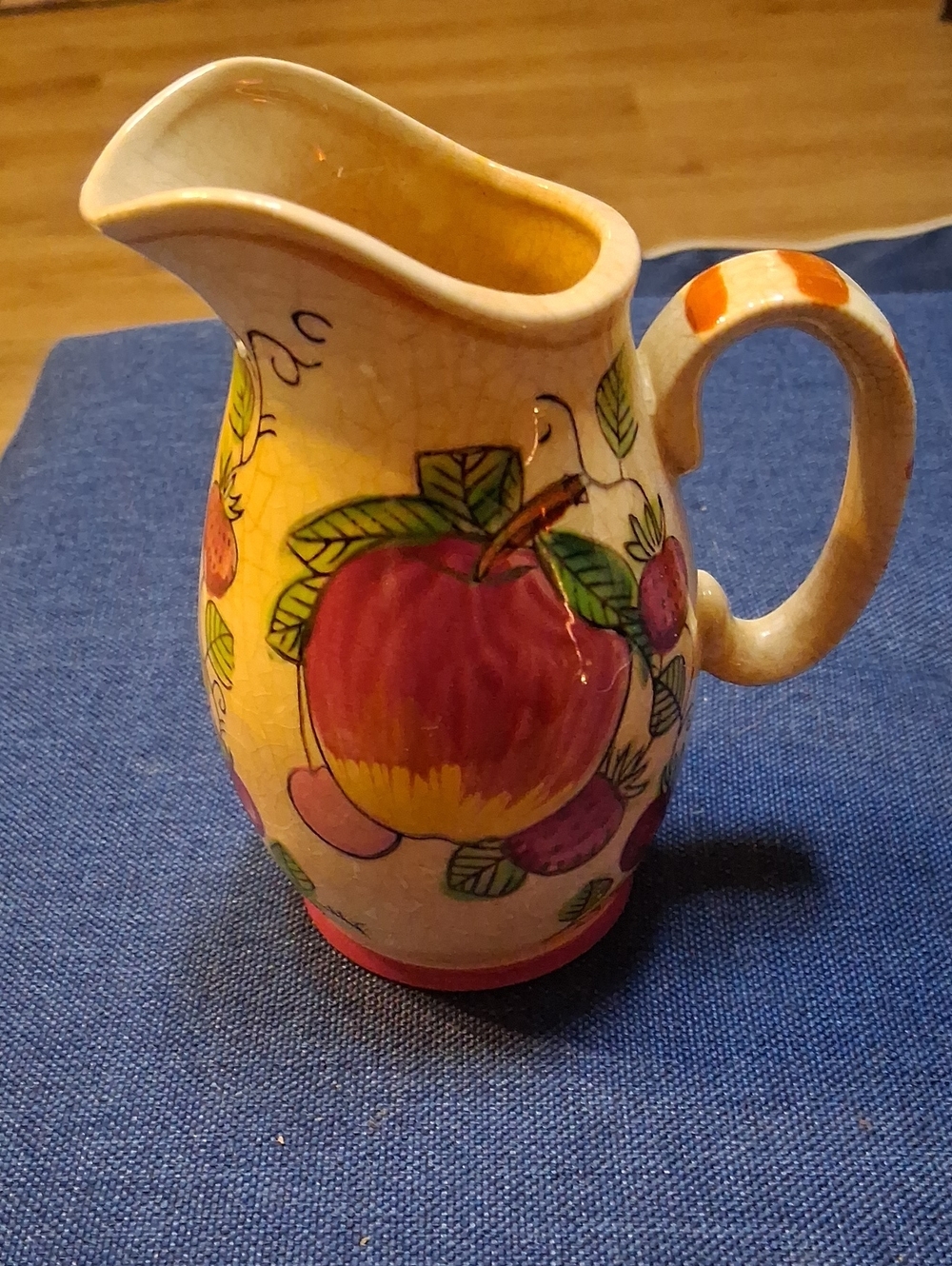 Vintage Hand-Painted Ceramic Pitcher Or Small VASE with Red & Yellow Apple Motif